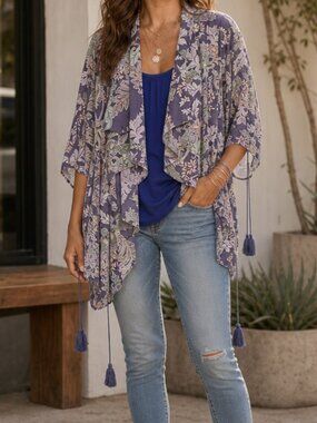 Jaase Garden Girly Neutral Tie Front Short Sleeve Cardigan Medium